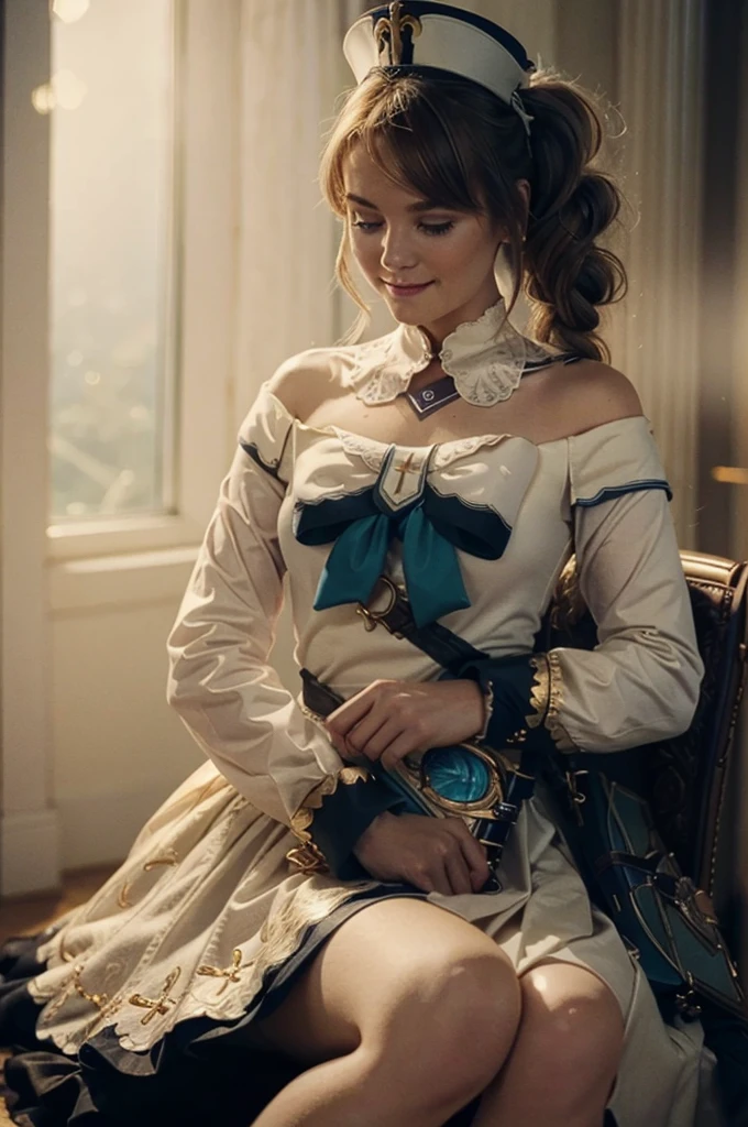 A young girl in realistic portrait of high quality and detail, movie style, Barbara (Genshin Impact), a young girl of petite build with blond hair gathered in two ponytails and blue eyes. She is dressed in a white off-the-shoulder dress decorated with gold embroidery and a dark blue petticoat with the same color lapels on the sleeves. The bodice of the dress is decorated with a sea-green bow. The outfit is complemented by white tights, white shoes with black lacing, blue ruffles and a black block heel and a separate collar. On her head she wears a white and blue cap with a gold cross, similar to a nurse's headdress. Barbara also carries a spell book with a blue cover, decorated with gold and a cross keychain. She attaches it to a black leather sling with a gold buckle. light and peaceful atmosphere, glow, eye shadow, 1girl, Depth & Perspective, smiling on her face, fine face, She sitting on chair in the living room, indoors, sunlight from stained glass windows, looking at viewer, (ultra-high detail:1.2), Masterpiece, Best Quality, Ultra-detailed, Cinematic lighting, 8K, delicate features, cinematic, 35 mm lens, f/1.9, highlight lighting, global lighting –uplight –v 4, cinematic, Cinematic lighting, 8K, high quality, Highest Quality, (Solo Focus), (extremly intricate:1.3), (Realistic), masterful, Analog style, (Film grain:1.5), (warm hue, cold tone), 