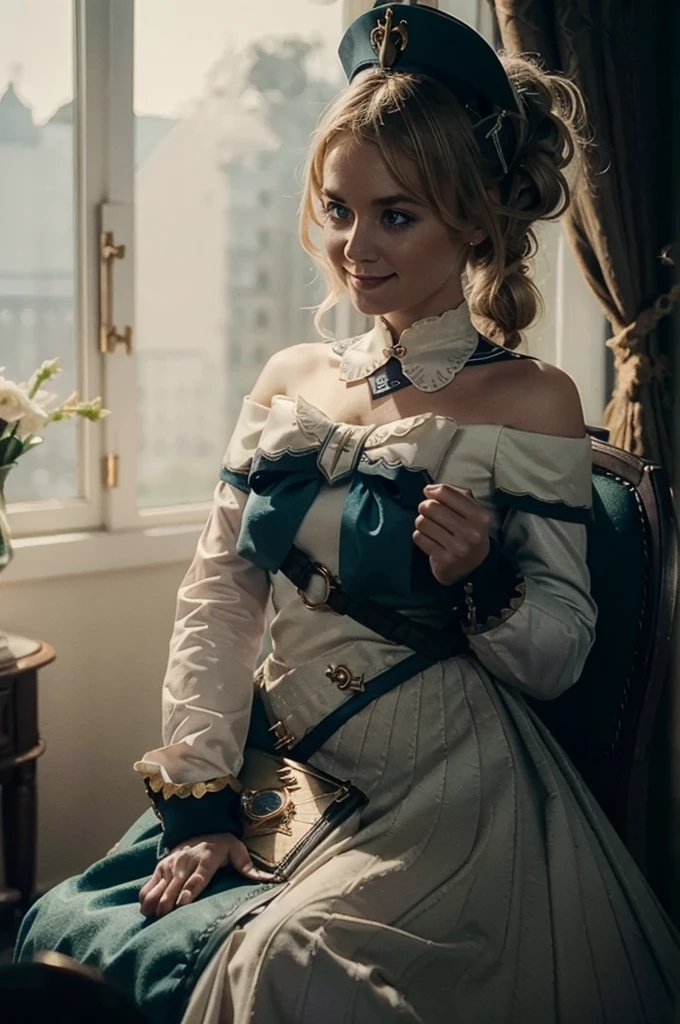 A young girl in realistic portrait of high quality and detail, movie style, Barbara (Genshin Impact), a young girl of petite build with blond hair gathered in two ponytails and blue eyes. She is dressed in a white off-the-shoulder dress decorated with gold embroidery and a dark blue petticoat with the same color lapels on the sleeves. The bodice of the dress is decorated with a sea-green bow. The outfit is complemented by white tights, white shoes with black lacing, blue ruffles and a black block heel and a separate collar. On her head she wears a white and blue cap with a gold cross, similar to a nurse's headdress. Barbara also carries a spell book with a blue cover, decorated with gold and a cross keychain. She attaches it to a black leather sling with a gold buckle. light and peaceful atmosphere, glow, eye shadow, 1girl, Depth & Perspective, smiling on her face, fine face, She sitting on chair in the living room, indoors, sunlight from stained glass windows, looking at viewer, (ultra-high detail:1.2), Masterpiece, Best Quality, Ultra-detailed, Cinematic lighting, 8K, delicate features, cinematic, 35 mm lens, f/1.9, highlight lighting, global lighting –uplight –v 4, cinematic, Cinematic lighting, 8K, high quality, Highest Quality, (Solo Focus), (extremly intricate:1.3), (Realistic), masterful, Analog style, (Film grain:1.5), (warm hue, cold tone), 