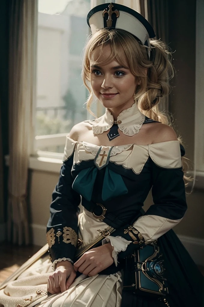 A young girl in realistic portrait of high quality and detail, movie style, Barbara (Genshin Impact), a young girl of petite build with blond hair gathered in two ponytails and blue eyes. She is dressed in a white off-the-shoulder dress decorated with gold embroidery and a dark blue petticoat with the same color lapels on the sleeves. The bodice of the dress is decorated with a sea-green bow. The outfit is complemented by white tights, white shoes with black lacing, blue ruffles and a black block heel and a separate collar. On her head she wears a white and blue cap with a gold cross, similar to a nurse's headdress. Barbara also carries a spell book with a blue cover, decorated with gold and a cross keychain. She attaches it to a black leather sling with a gold buckle. light and peaceful atmosphere, glow, eye shadow, 1girl, Depth & Perspective, smiling on her face, fine face, She sitting on chair in the living room, indoors, sunlight from stained glass windows, looking at viewer, (ultra-high detail:1.2), Masterpiece, Best Quality, Ultra-detailed, Cinematic lighting, 8K, delicate features, cinematic, 35 mm lens, f/1.9, highlight lighting, global lighting –uplight –v 4, cinematic, Cinematic lighting, 8K, high quality, Highest Quality, (Solo Focus), (extremly intricate:1.3), (Realistic), masterful, Analog style, (Film grain:1.5), (warm hue, cold tone), 