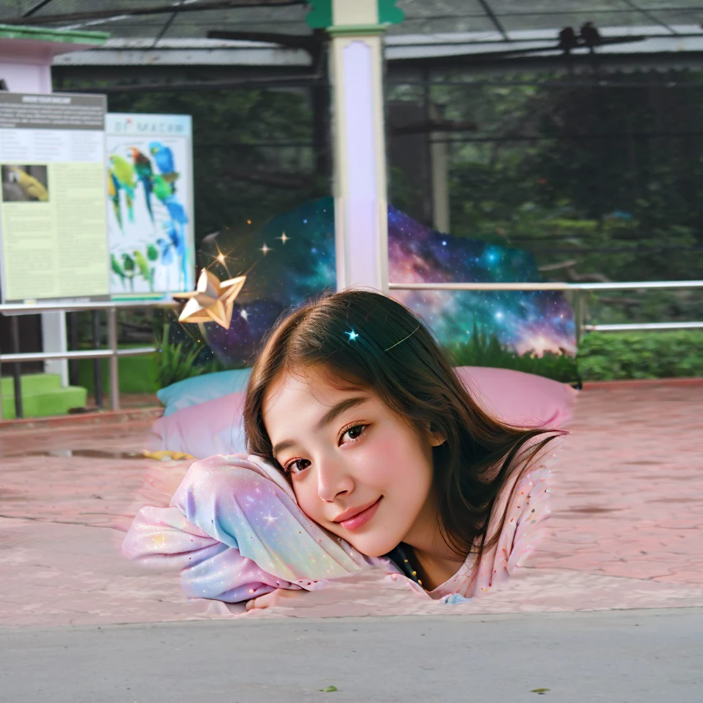 High detail, super detail, super high resolution, girl enjoying her time in the dream galaxy, surrounded by stars, warm light sprinkled on her, background is starry sky with colorful galaxies and galaxy clouds, stars flying around her, delicate face, adding playful atmosphere , --v6