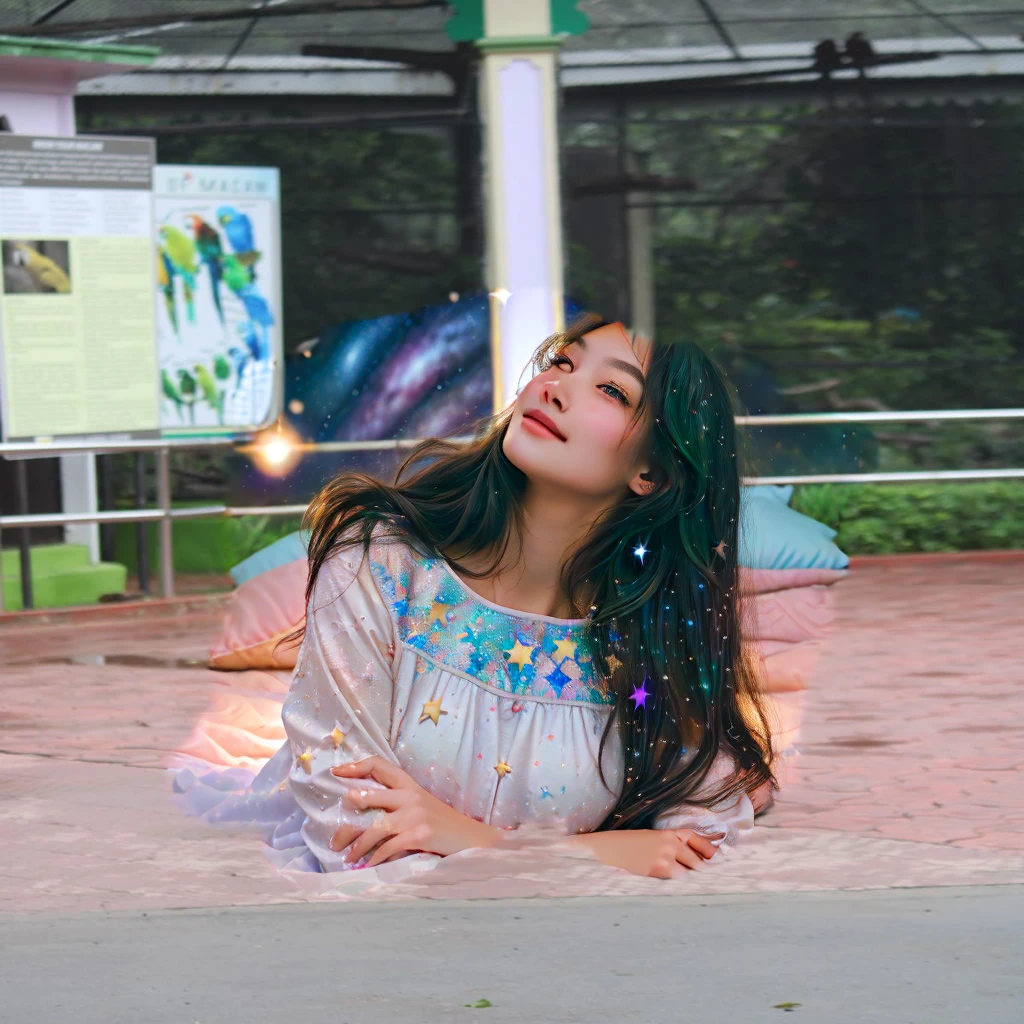 High detail, super detail, super high resolution, girl enjoying her time in the dream galaxy, surrounded by stars, warm light sprinkled on her, background is starry sky with colorful galaxies and galaxy clouds, stars flying around her, delicate face, adding playful atmosphere , --v6