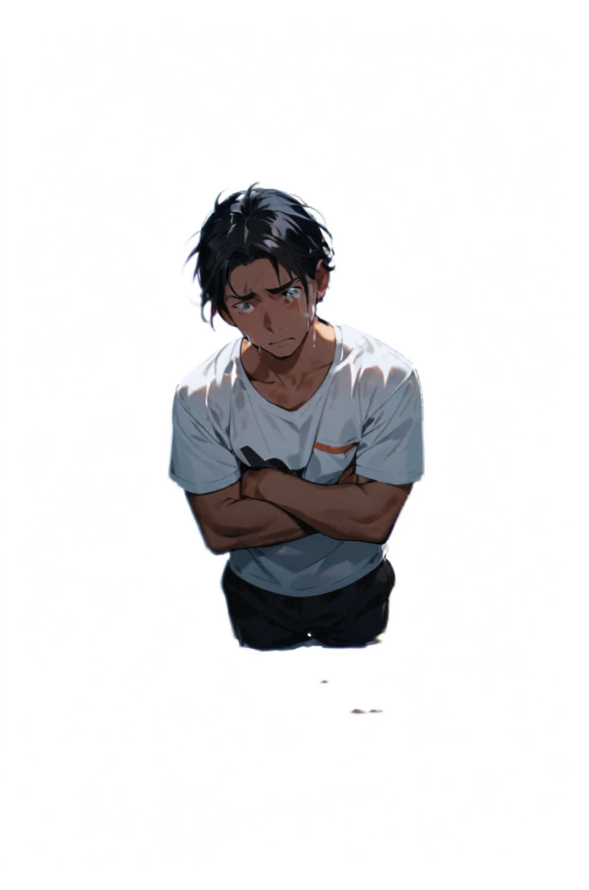 Sitting disconsolately crying