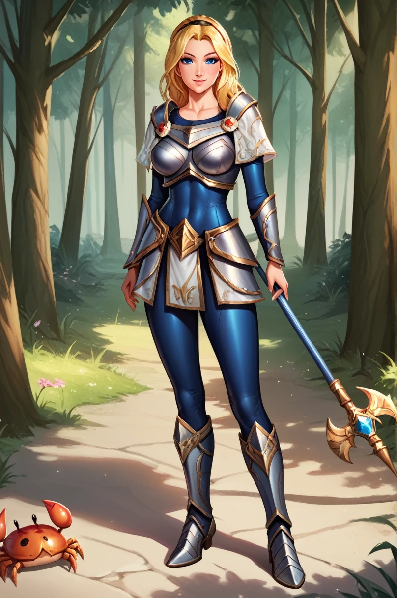 score_9, score_8_up, score_7_up, score_6_up, score_5_up, score_4_up, LuxLoLXL, blue eyes, blonde hair, long hair, hairband, big breasts, collarbone, shoulder armor, armor, blue bodysuit, breastplate, long sleeves, faulds, skirt, blue pants, armored boots, holding staff, solo, full body, standing, seductive smile, looking at viewer, forest, tree ,asleep on the floor,Half Boston Crab

