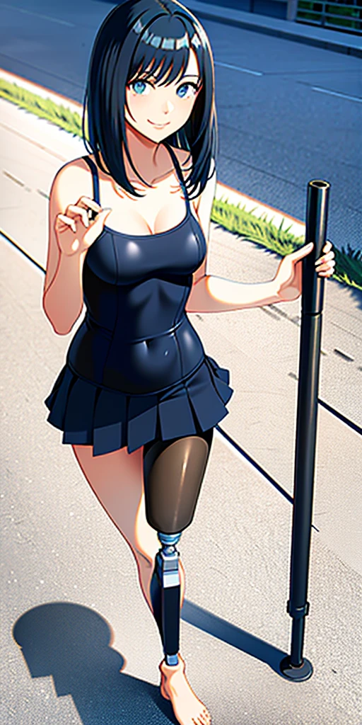 best quality, 1girl, solo, standing, school hall, medium hair, black hair, straight hair, looking at her prosthetic leg, small breasts,  (prosthetic leg:1.2), full body, smiling, swimming suit, leotard, dark blue leotard, black blue swimming suit, barefoot. 