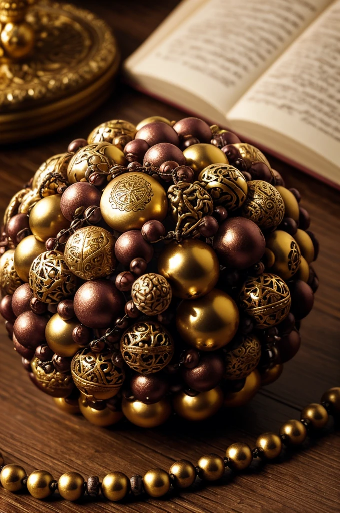 a prayer beads cord of a hundred spherical grape-shaped brown beads, metallic medal carved with a tree, on a table, open book, detailed, photorealistic, intricate, high contrast, warm lighting, natural colors, macro shot, still life, cinematic composition, depth of field