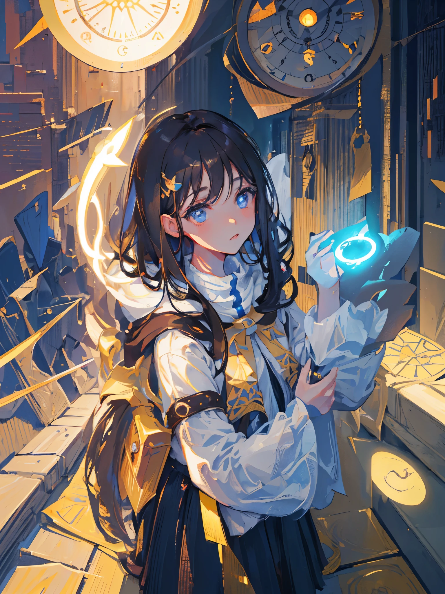 (detail: 1.2), (1 girl: 1.2), (detailed face: 1.2), (dark hair: 1.1), (detailed eyes: 1.1), (small nose: 1.1), (thin lips: 1.1), (circle of light, halo), mirror floor, compass, medieval style castle, clock tower, pillar of light, light aura, drifting light, light particles, small objects, mysterious creature,,