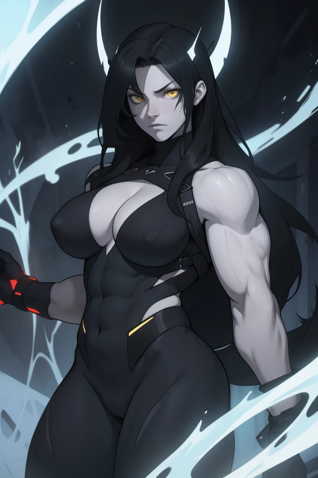 expressionless very long hair pale skin black hair yellow eyes muscular girl thick breasts dark atmosphere
