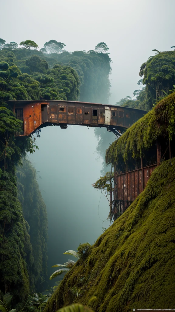 (RAW PHOTO), The rusted airplane in the Amazon jungle, on the highest cliff, Moss, fog, details, hyper-realistic, 16k