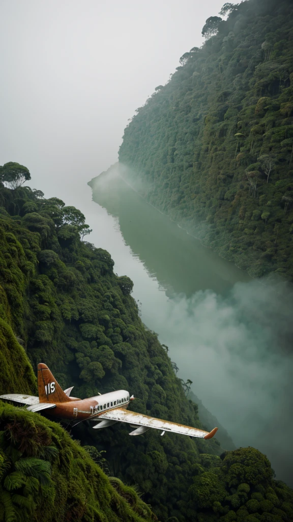 (RAW PHOTO), The rusted airplane in the Amazon jungle, on the highest cliff, Moss, fog, details, hyper-realistic, 16k
