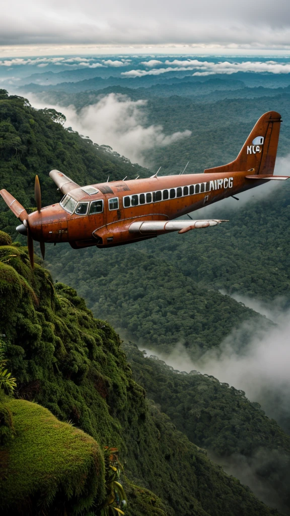 (RAW PHOTO), The rusted airplane in the Amazon jungle, on the highest cliff, Moss, fog, details, hyper-realistic, 16k