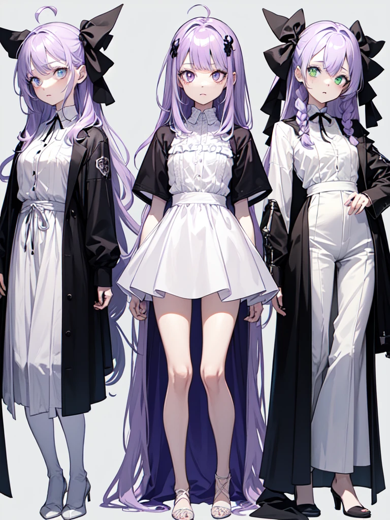 sketch (Character design sheet, same characters, whole body, Three-View, front, ~ ~ ~ side, return),(Very bright:1.1), White Background, [1 Girl:7], (Tilt your head:1.2), ([sketch|watercolor \(Moderate\)]:1.15),full body, Full bangs, Gradient braided hair, (Light purple hair), (Ink blotches:1.1), (pale:1.2),(Light purple:1.2),(Light green:1.2)　and full body, Artistic elements add depth to the work. The overall atmosphere is creepy and nightmarish..., With a unique artistic touch. This movie is、The dark and crazy world of horror movies depicted in HD., Evoke visual stimuli and aesthetic sense, It will terrify and excite the audience....,watercolor画, （Lightless, Eyes without highlights, Evil Eye, A bad looking person with white eyes, It&#39;s a red eyeliner）,whole body絵, Wearing a maid outfit and （Mature face,tall, Wearing black tights,Green Eyes, The skin is hidden　and maid, The background is a dark and desolate landscape, Horror movie atmosphere. Her figure is extremely beautiful, Emphasizing the dark and crazy elements. Skillfully expressing the effects of light and shadow, detailed, The face and expression of the black costume are also carefully drawn.