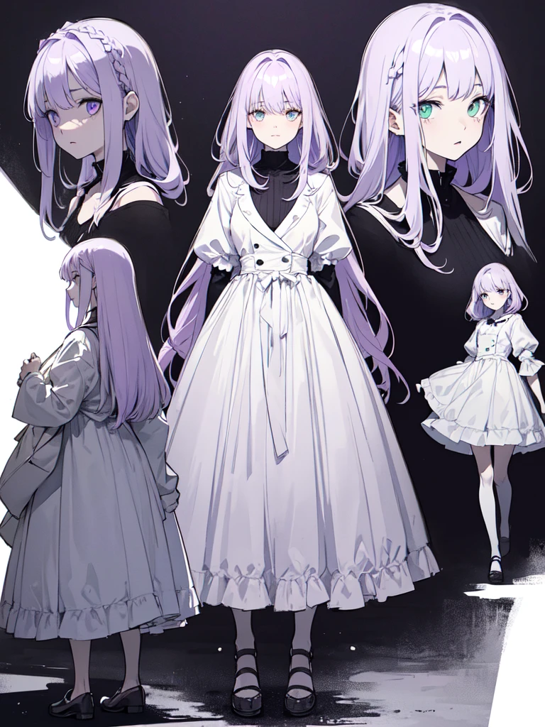 sketch (Character design sheet, same characters, whole body, Three-View, front, ~ ~ ~ side, return),(Very bright:1.1), White Background, [1 Girl:7], (Tilt your head:1.2), ([sketch|watercolor \(Moderate\)]:1.15),full body, Full bangs, Gradient braided hair, (Light purple hair), (Ink blotches:1.1), (pale:1.2),(Light purple:1.2),(Light green:1.2)　and full body, Artistic elements add depth to the work. The overall atmosphere is creepy and nightmarish..., With a unique artistic touch. This movie is、The dark and crazy world of horror movies depicted in HD., Evoke visual stimuli and aesthetic sense, It will terrify and excite the audience....,watercolor画, （Lightless, Eyes without highlights, Evil Eye, A bad looking person with white eyes, It&#39;s a red eyeliner）,whole body絵, Wearing a maid outfit and （Mature face,tall, Wearing black tights,Green Eyes, The skin is hidden　and maid, The background is a dark and desolate landscape, Horror movie atmosphere. Her figure is extremely beautiful, Emphasizing the dark and crazy elements. Skillfully expressing the effects of light and shadow, detailed, The face and expression of the black costume are also carefully drawn.