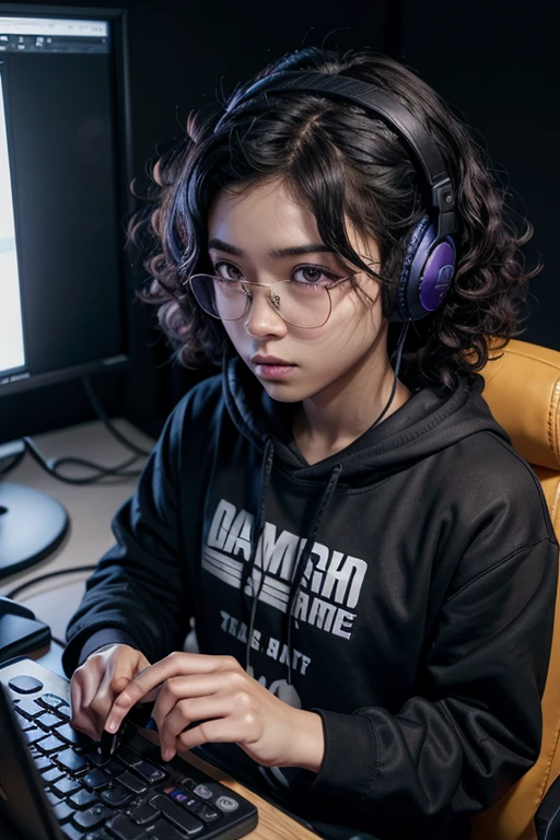 Play a game,electronic sports,curly hair tied up,darkskin,アニメ,gamer,pc gamer rgb roxo,black sweatshirt,Eyeglasses,headset, 2d,アニメ