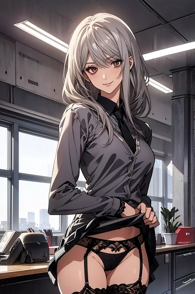(Highest quality, High resolution, Very detailed), 1 female, Silver Hair, Long Hair, Reddish brown eyes, office staff suit skirt, lace thong, garter belt, secretary, 24th generation, Beautiful woman, mature, quiet, Calm, Large Breasts, A small smile, office,