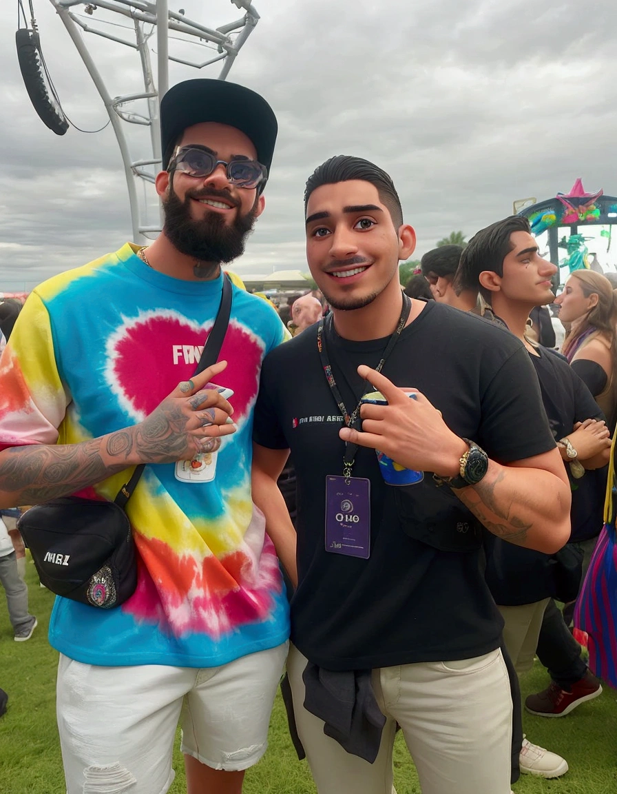 two men standing next to each other at a festival, Alex Yanes e Lisa Frank, Nick Silva e Ilya Kuvshinov, Liam Brazier e Nielly, festival vibes, Alex Gray e Romero Ressendi, maluma singer, jody highroller, Lucas Graziano, ney matogrosso with malice, Felipe Pantone, Marte Ravelo e Greg Rutkowski
