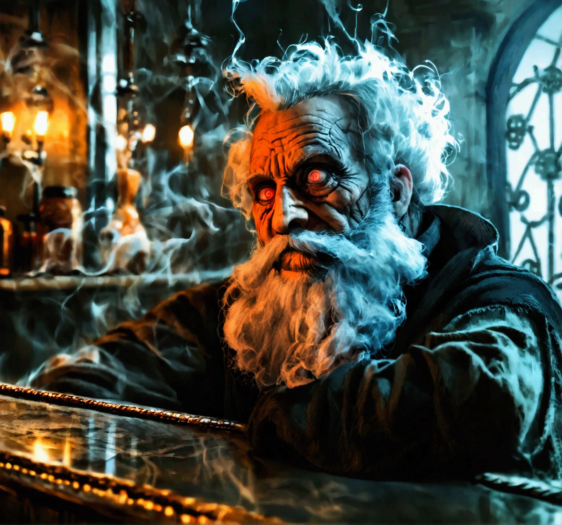 Create an image of a sinister, bearded man sitting at the bar of a dark, eerie hotel. The man has an unsettling, frightening expression, with piercing eyes that seem to follow you. He has a thick, dark beard and a cigar clenched between his teeth, with smoke curling up around his face. The bar is dimly lit, with shadows cast by a few flickering lights, adding to the ominous atmosphere. The background includes old, worn bar stools and a dusty, cobweb-covered bar counter. The overall scene should evoke a sense of dread and unease, reminiscent of a classic horror movie