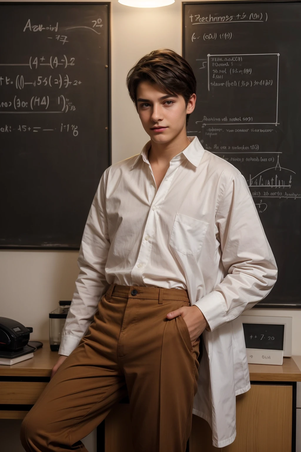 A beautiful young male twinks with black hair, wearing a long-sleeved white cotton shirt and brown pants. He is in his scientific office, and behind him is a blackboard with calculus written on it. He looks on proudly, with a face with reddish makeup.