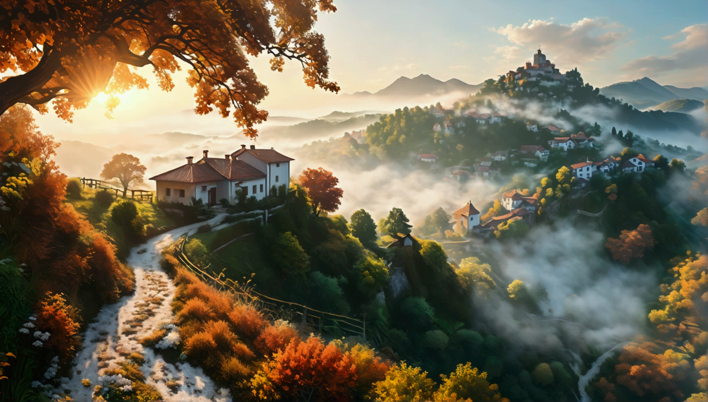 Distant beautiful small village on the top of the hill, drone point of view, an the back is distant mountain covered with fog, morning light the scene is warm and tranquil with morning sun pass through the tree leaves, peaceful, illustration, isolated with solid white background, surrounded with negative space, centered composition, very precise line, Isolated, (((solid white background))), perspective angle of view, (masterpiece), (best quality), Leonardo style, vector art, (lora:Leonardo-illustration:1), vector art, washed out color, rich and intricate detail, (lora:add-detail-xl:1.5)