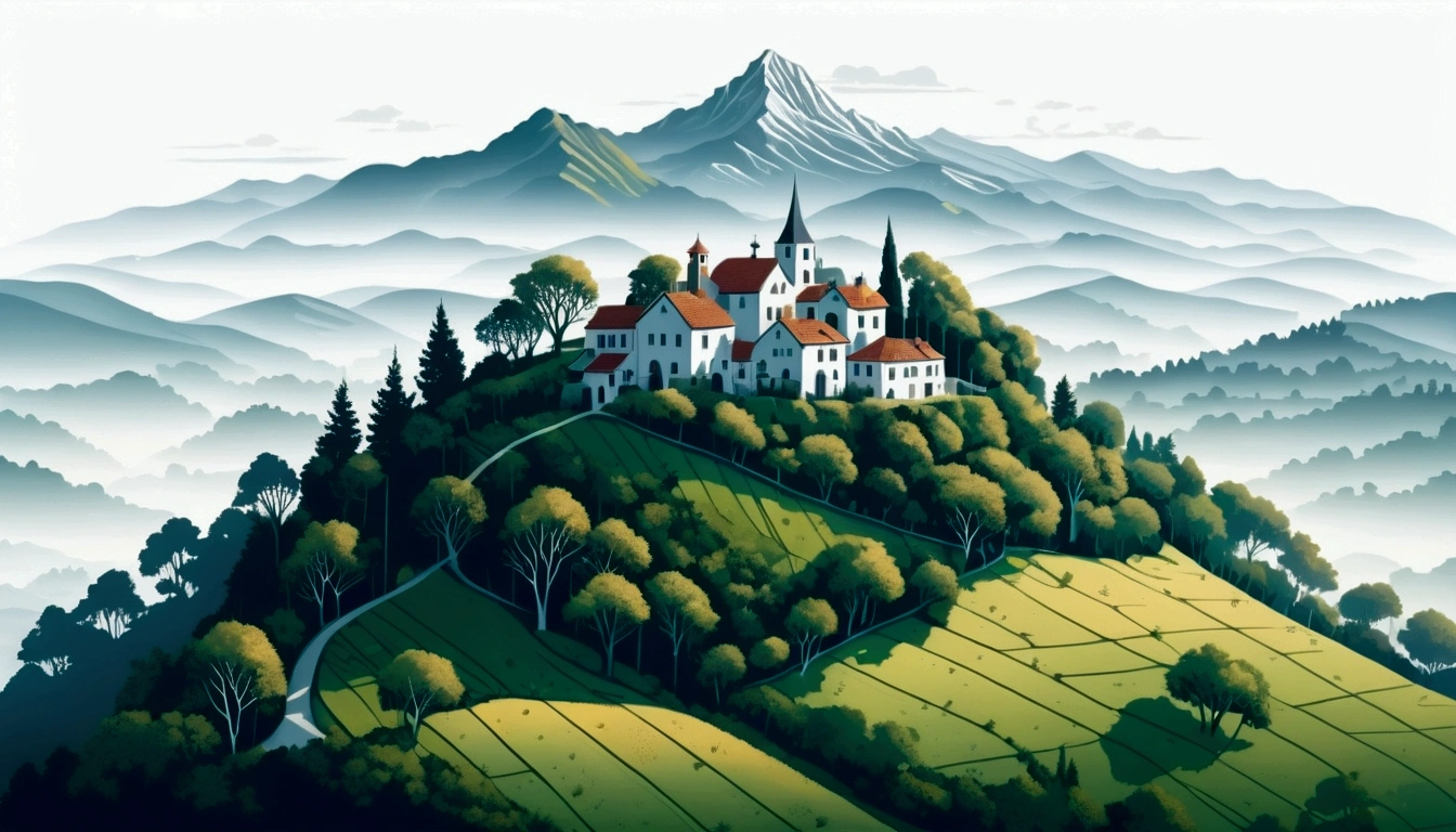 Distant beautiful small village on the top of the hill, drone point of view, an the back is distant mountain covered with fog, morning light the scene is warm and tranquil with morning sun pass through the tree leaves, peaceful, illustration, isolated with solid white background, surrounded with negative space, centered composition, very precise line, Isolated, (((solid white background))), perspective angle of view, (masterpiece), (best quality), Leonardo style, vector art, (lora:Leonardo-illustration:1), vector art, washed out color, rich and intricate detail, (lora:add-detail-xl:1.5)