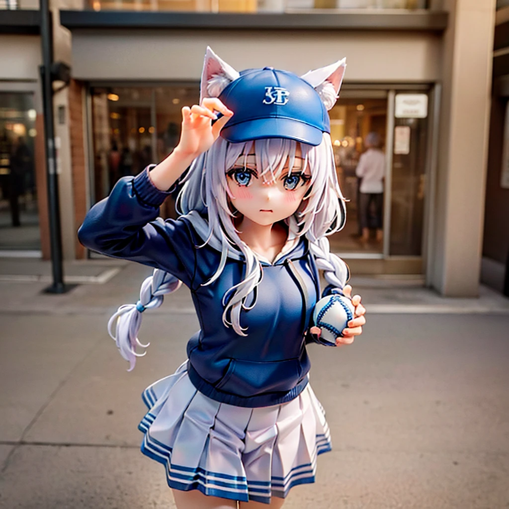 1 girl, adolescent, (animal ears), straight, whole body, looking at the viewer, hair between the eyes, hair ornament, multicolor fur, twin braids, Fox tail, (Multiple queues:1.3), insignia, hits, (blue baseball cap:1.2), clothing writing, White clothes, hood, hood down, standing, long sleeves, Closed mouth, (blue skirt:1.05), Alone, (light blush:0.9), bare tree, building, City, Cityscape, day, outdoor,  street, SUCH (City), tree