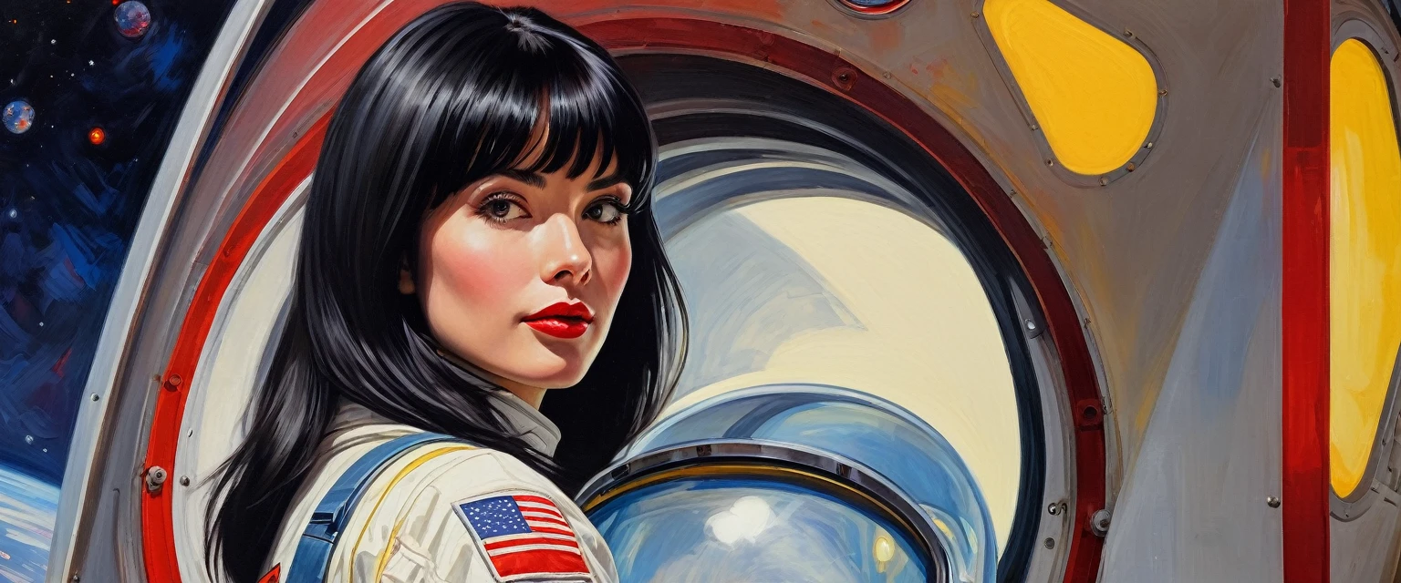 High-quality realistic acrylic painting, VIVID COLORS, back point a view, a beautiful european woman with shoulder-length black straight hair, bangs, looking at the viewer with suspicious face and a shy smile, red lips, she wears white space suit, hands in the waist, dramatic yellow red lights, background night in 60´s rocket launch platform