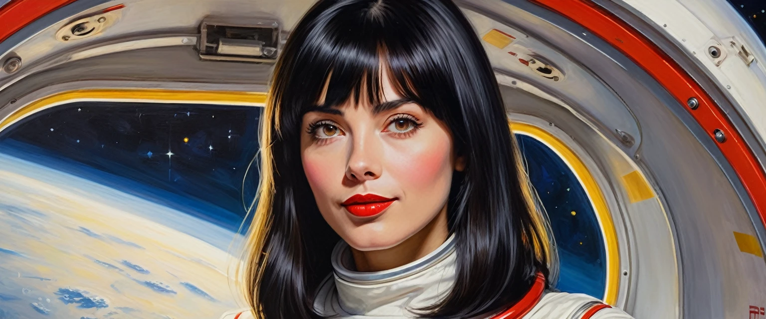 high contrast illustration, shades of blue colors, back point a view, a beautiful european woman, looking at the viewer with suspicious face and a shy smile, she wears shyne metalic space suit, hands in the waist, dramatic vivid lights, in deep space with a planet and sun