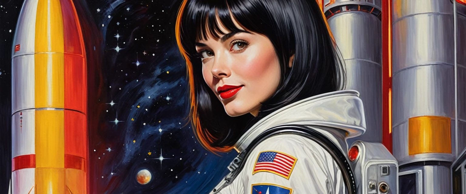 high contrast illustration, shades of blue colors, back point a view, a beautiful european woman, looking at the viewer with suspicious face and a shy smile, she wears shyne metalic space suit, hands in the waist, dramatic vivid lights, in deep space with a planet and sun