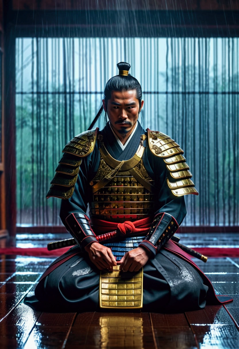 a stoic samurai in a rain-soaked dojo, raindrops like musical notes on the ground, a symphony of renewal and reflection, detailed samurai armor and sword, dramatic lighting, cinematic composition, moody color palette, atmospheric fog, 4k, ultra-detailed, realistic, photo-realistic, masterpiece