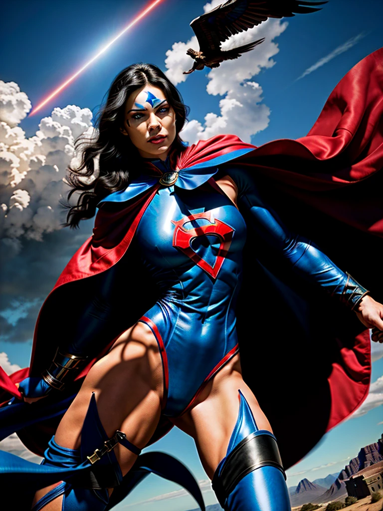 a muscular man with a chiseled jawline, blue eyes, and wavy black hair, wearing a tight blue and red superhero costume with a bold "S" symbol on the chest, flying through the sky with rippling cape, dramatic lighting, epic cinematic composition, photorealistic, 8k, high detailed, intricate, vivid colors, dramatic lighting, dramatic shadows, powerful, heroic, cinematic, inspiring, (best quality,4k,8k,highres,masterpiece:1.2),ultra-detailed,(realistic,photorealistic,photo-realistic:1.37)