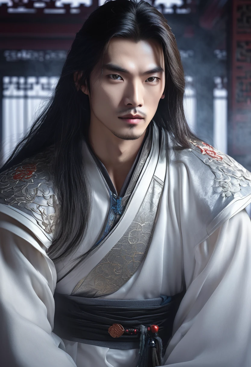 1 man, inside a modern room in futuristic style, wearing a traditional male medieval Chinese costume in white, detailed facial features, beautiful male eyes, Chinese anatomy, detailed white skin, long loose hair, strong expression and soft and calm lighting, dark cold cinematic composition, atmospheric fog, beautiful face, thin chin, handsome man, masculine and handsome, 25 years old (best quality, 4K, 8K, high resolution, art: 1.2), ultra-detailed, (realistic, photorealistic, photorealistic: 1.37)