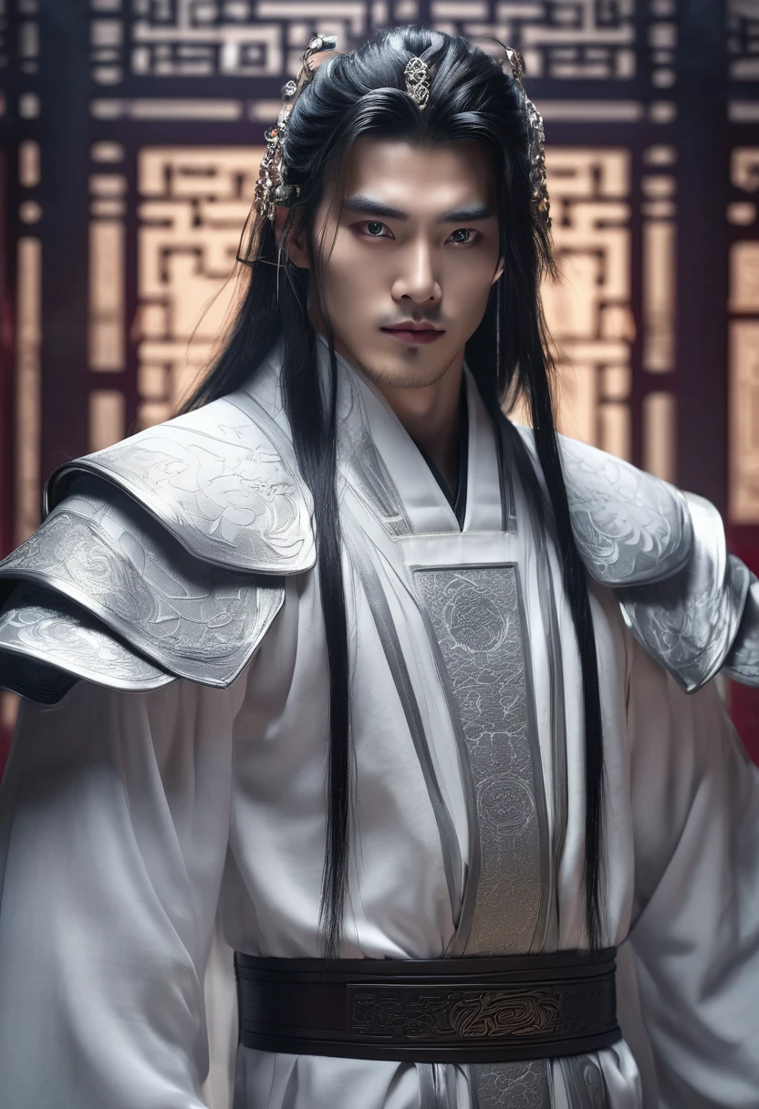 1 man, inside a modern room in futuristic style, wearing a traditional male medieval Chinese costume in white, detailed facial features, beautiful male eyes, Chinese anatomy, detailed white skin, long loose hair, strong expression and soft and calm lighting, dark cold cinematic composition, atmospheric fog, beautiful face, thin chin, handsome man, masculine and handsome, 25 years old (best quality, 4K, 8K, high resolution, art: 1.2), ultra-detailed, (realistic, photorealistic, photorealistic: 1.37)