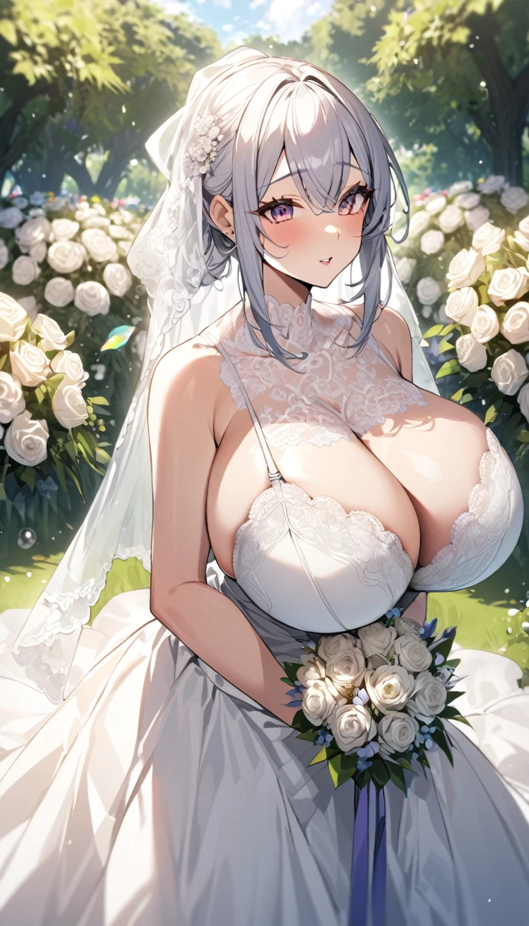 Girl with huge sagging breasts wearing a sweetheart bra with a huge lace neckline ,bridal veil and bouquet in a garden