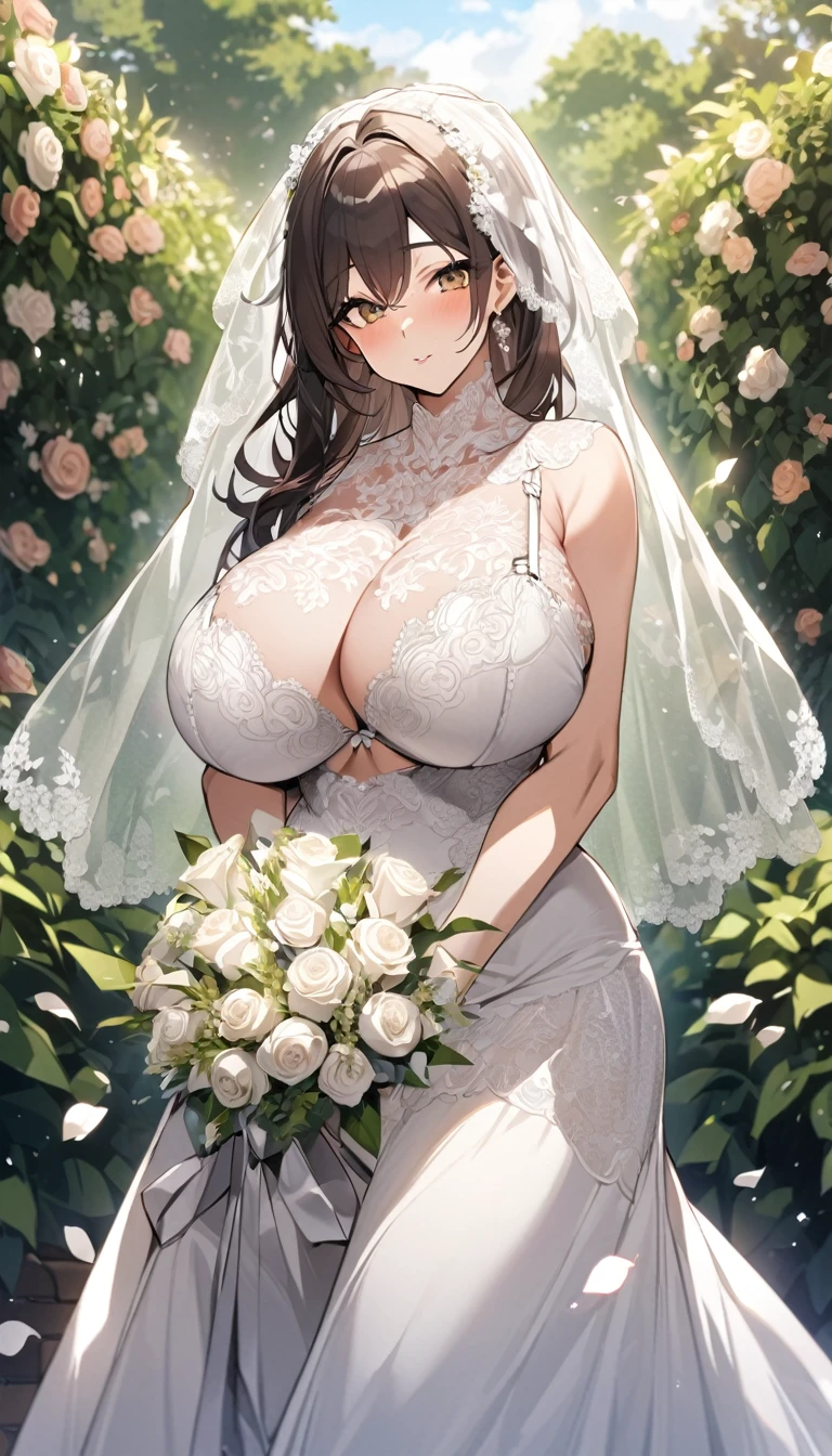 Girl with huge sagging breasts wearing a sweetheart bra with a huge lace neckline ,bridal veil and bouquet in a garden