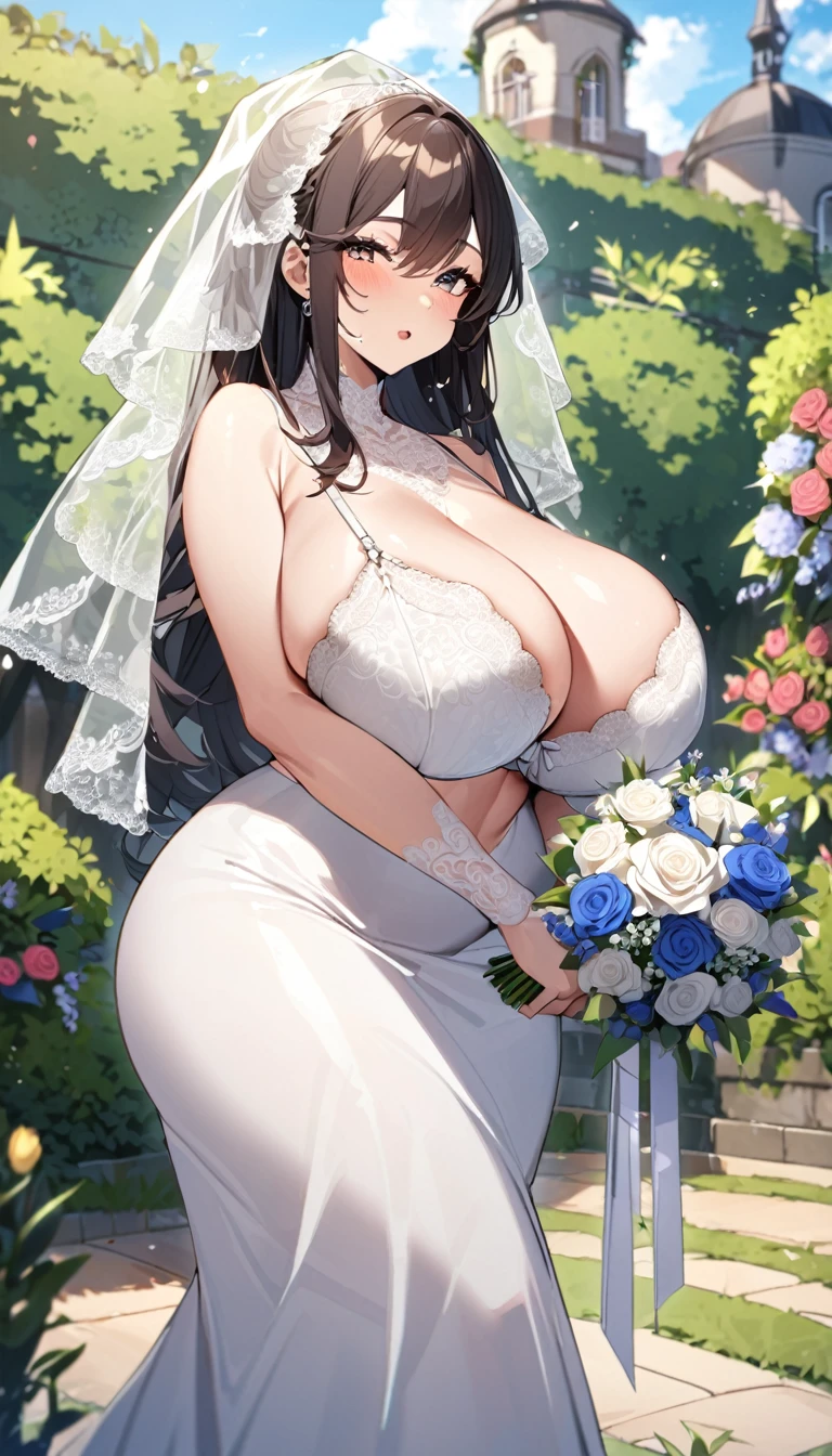 Girl with huge sagging breasts wearing a sweetheart bra with a huge lace neckline ,bridal veil and bouquet in a garden