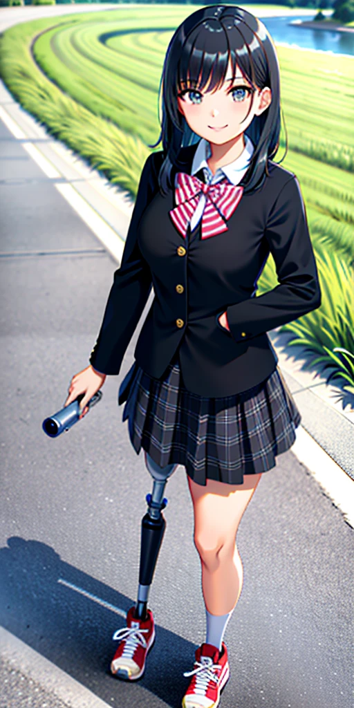 best quality, 1girl, solo, standing, outdoors, medium hair, black hair, straight hair, looking at viewer, medium breasts,  (prosthetic leg:1.2), full body, smiling, (skirt:1.4), sneakers, plaid skirt, blue skirt, Japanese uniform, female uniform. 