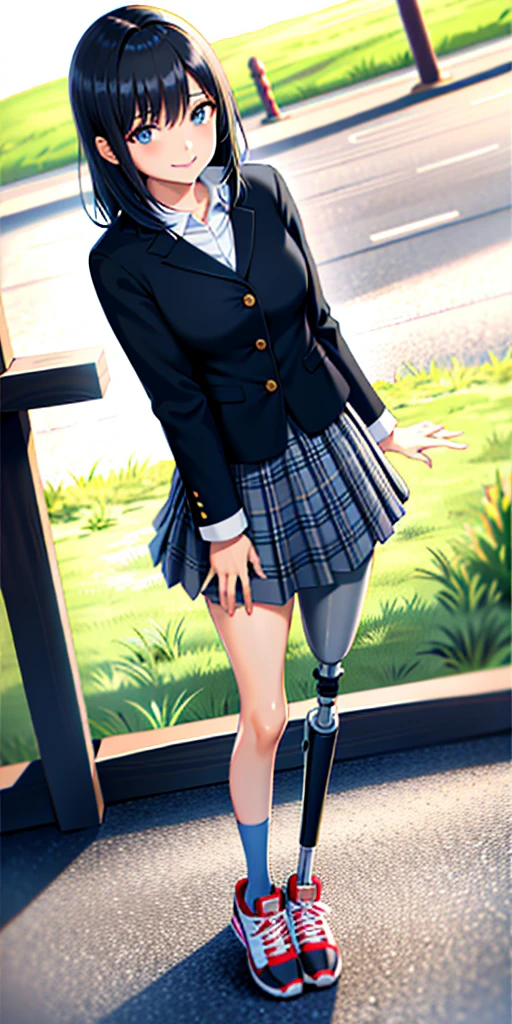 best quality, 1girl, solo, standing, outdoors, medium hair, black hair, straight hair, looking at viewer, medium breasts,  (prosthetic leg:1.2), full body, smiling, (skirt:1.4), sneakers, plaid skirt, blue skirt, Japanese uniform, female uniform. 