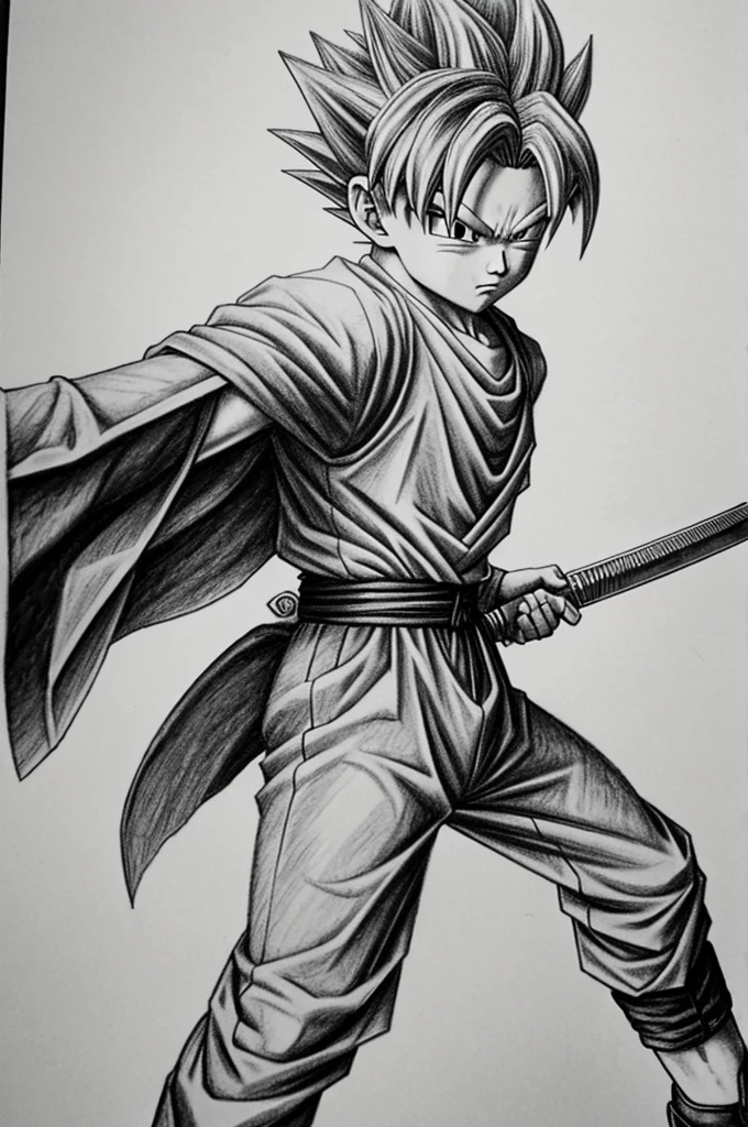 Graphite drawing of Trunks from dragon ball z with sword, realistic