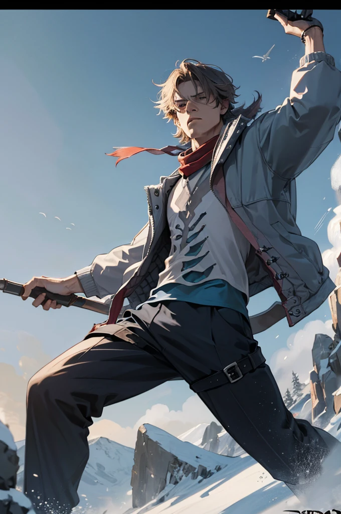 1 male solo, dynamic pose, cinematic shot, orande hair, red mask on side of the head, grey jacket, red scarf, cinematic shot, epic movie poster style, dramatic light