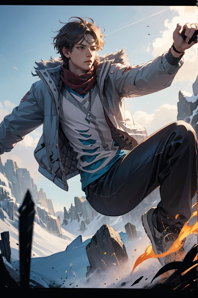 1 male solo, dynamic pose, cinematic shot, orande hair, red mask on side of the head, grey jacket, red scarf, cinematic shot, epic movie poster style, dramatic light