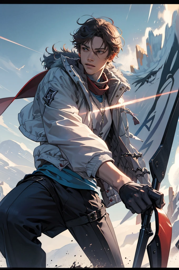 1 male solo, dynamic pose, cinematic shot, orande hair, red mask on side of the head, grey jacket, red scarf, cinematic shot, epic movie poster style, dramatic light