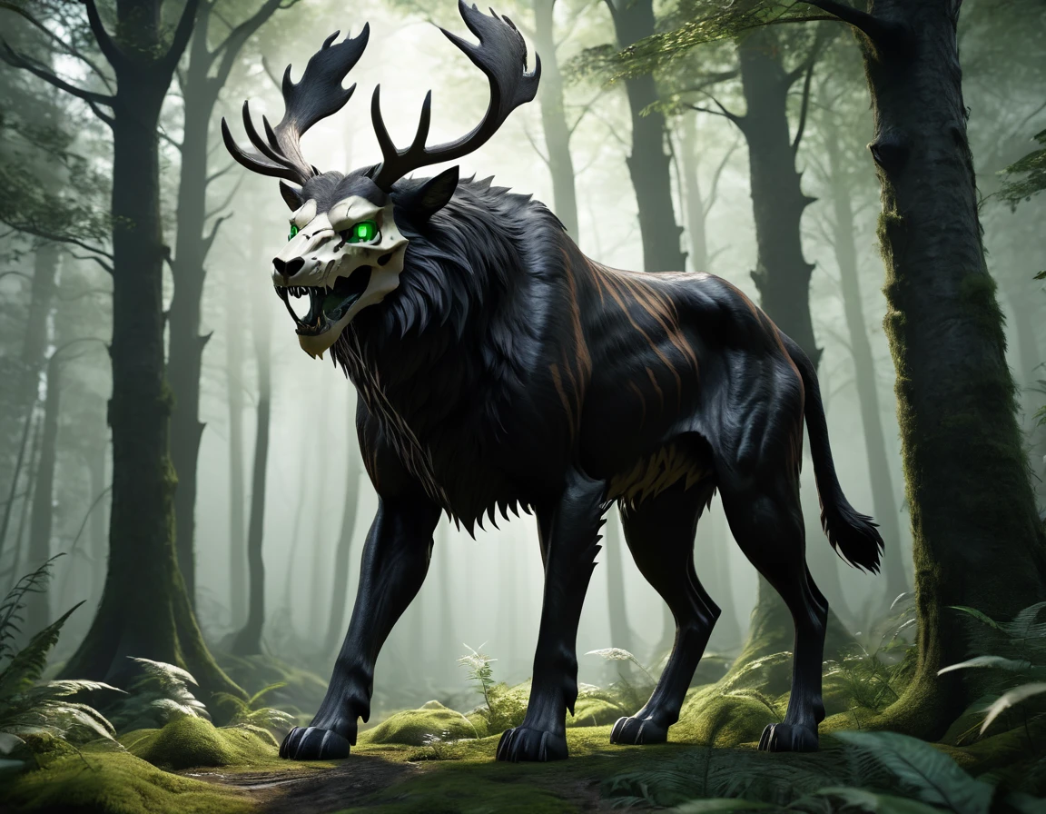 full body portrait of scary big black beast, feral, long legs, four legged, tiger skull face, horns, antlers, [deer | wolf | wendigo | bear], hybrid beast with beryl green eyes dark mysterious forest scenery, fantasy, dark fantasy, full body, cinematic, render, 8k, unreal engine, realistic, masterpiece, high detail, full body, low life, volumetric lighting 