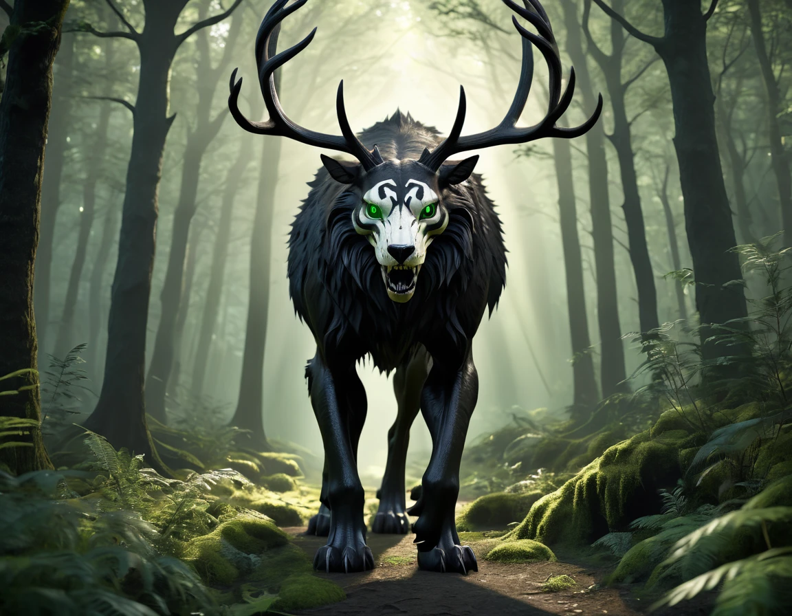 full body portrait of scary big black beast, feral, long legs, four legged, tiger skull face, horns, antlers, [deer | wolf | wendigo | bear], hybrid beast with beryl green eyes dark mysterious forest scenery, fantasy, dark fantasy, full body, cinematic, render, 8k, unreal engine, realistic, masterpiece, high detail, full body, low life, volumetric lighting 