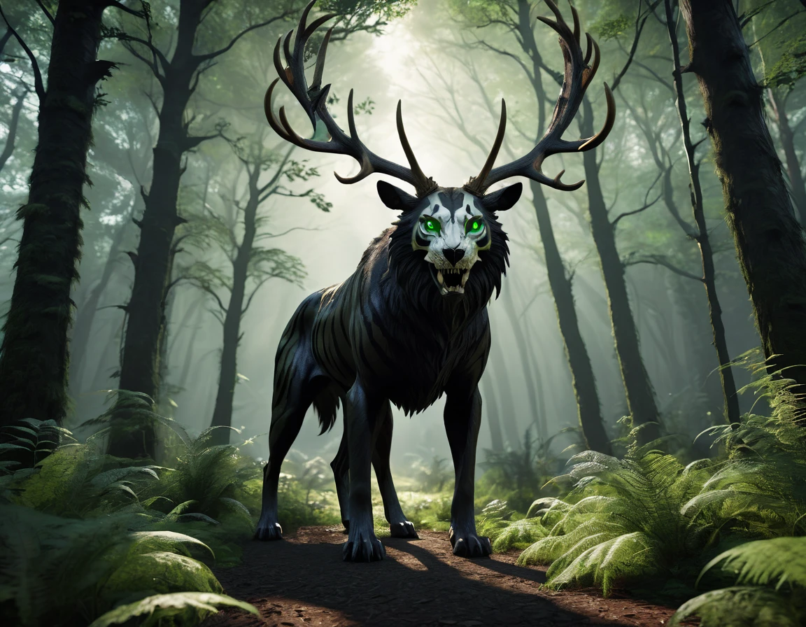 full body portrait of scary big black beast, feral, long legs, four legged, tiger skull face, horns, antlers, [deer | wolf | wendigo | bear], hybrid beast with beryl green eyes dark mysterious forest scenery, fantasy, dark fantasy, full body, cinematic, render, 8k, unreal engine, realistic, masterpiece, high detail, full body, low life, volumetric lighting 