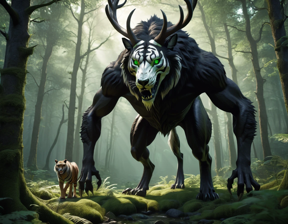 full body portrait of scary big black beast, feral, long legs, four legged, tiger skull face, horns, antlers, [deer | wolf | wendigo | bear], hybrid beast with beryl green eyes dark mysterious forest scenery, fantasy, dark fantasy, full body, cinematic, render, 8k, unreal engine, realistic, masterpiece, high detail, full body, low life, volumetric lighting 