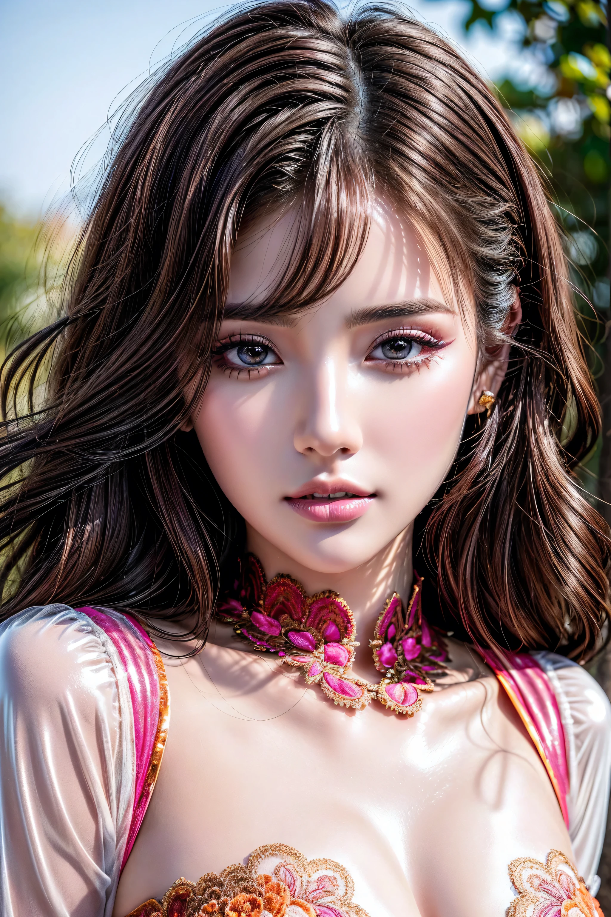 (Hyper-realistic:1.4)photorealism 32K realism ultra resolution quality, (the most absurd quality perfect eyes:1.2), (intricately detailed beautiful face), (light pale complexion). BREAK, ((ultra perfect eyes with absurd quality, extremely detail, ultra resolution, clear sharp focus, not blurry. Realistic brown_eyes:1.3)), ((finely quality, vibrant perfect round eyes)), ((finely detailed pupils:1.4)), pink_makeup:1.3, (red_lipstick:1.25), (perfect dark_eyeshadows:1.35), (super detailed makeup on eyes:1.3), (((close up of her face:1.35))), beautiful cheekbones, dramatic lighting, ((perfect composition)), pale skin, ((dry skin)), sexy stylish Korean model, only 1 female, (doll-like appearance), ((long pink stylish hair:1.3)), ((sexy ta cosplay)), unconventional skirt, petticoats, (high neckline), (ultra details lace), (Intricately detailed embroidery), ((Intricately detailed workmanship)), transparent PVC in the shade of ORANGE, (Super Shiny ORANGE Transparent Holographic Full Bodysuit: 1.3), c cinematic light, detailed background of a large park with trees