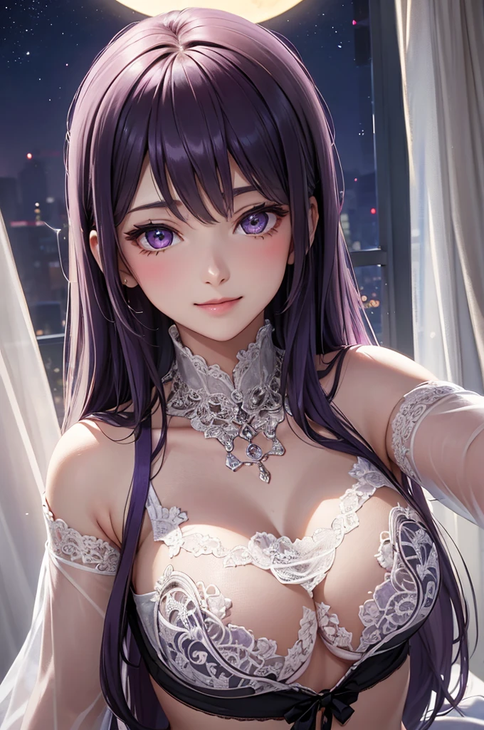 Best Quality,High resolution,8K,finelity detailed background,Masterpiece:1.2),beautiful girl,Shiny purple hair,crossed bangs,Purple Eyes,Gentle look,A refreshing look,smile,Best quality,Best Quality,Aesthetic and aesthetic:1.2,Best details((Super detailed))(High-definition CG illustrations),Upper Body,Dark grey underwear, (gray,intricate lace),Slender body,night,moon,Bedroom,On the bed,smile,blush,cute,Scrounge,Looking up,Being spoiled,super model,wariza,shoot from,below