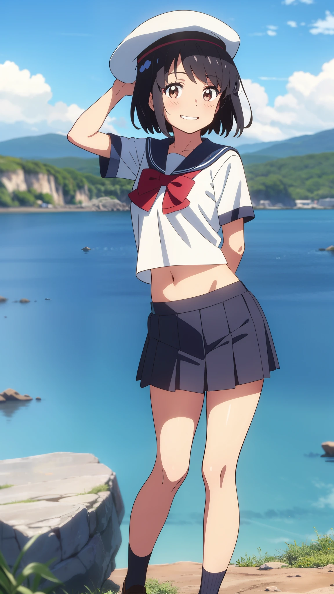 shinkai makoto, kimi no na wa., 1girl, bangs, black hair, blush, expressive eyes, brown eyes, perfect face, looking at the viewer, sailor uniform, sailor's hat, exposed navel, white shirt, short sleeves, blue skirt, short hair, solo, outdoors, shinny skin, smile, cute, grin, cloudy, blue sky, mountains, rocks, standing, (masterpiece), best quality