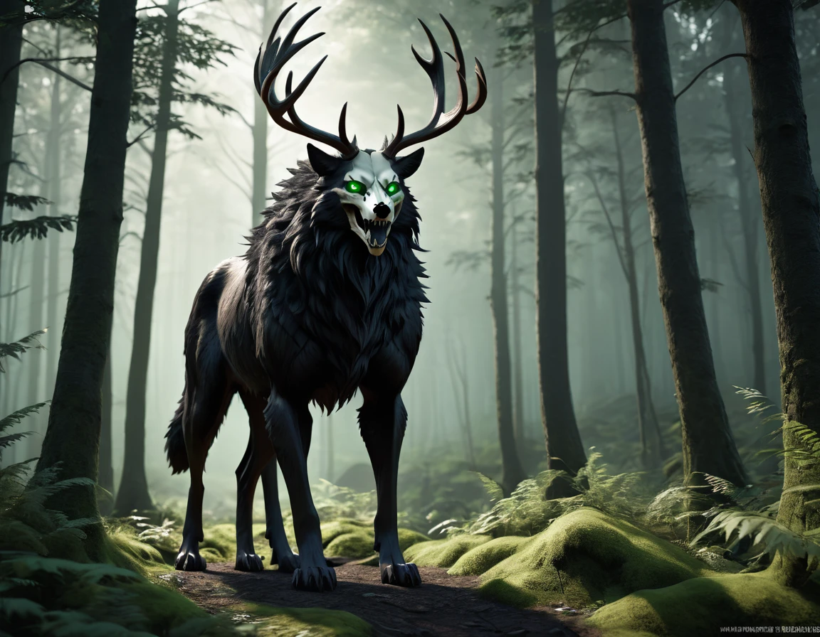 full body portrait of scary big black beast, feral, long legs, four legged, wolf skull face, horns, antlers, deer, tiger, wolf, wendigo, bear, hybrid with beryl green eyes dark mysterious forest scenery, fantasy, dark fantasy, full body, cinematic, render, 8k, unreal engine, realistic, masterpiece, high detail, full body, low life, volumetric lighting 