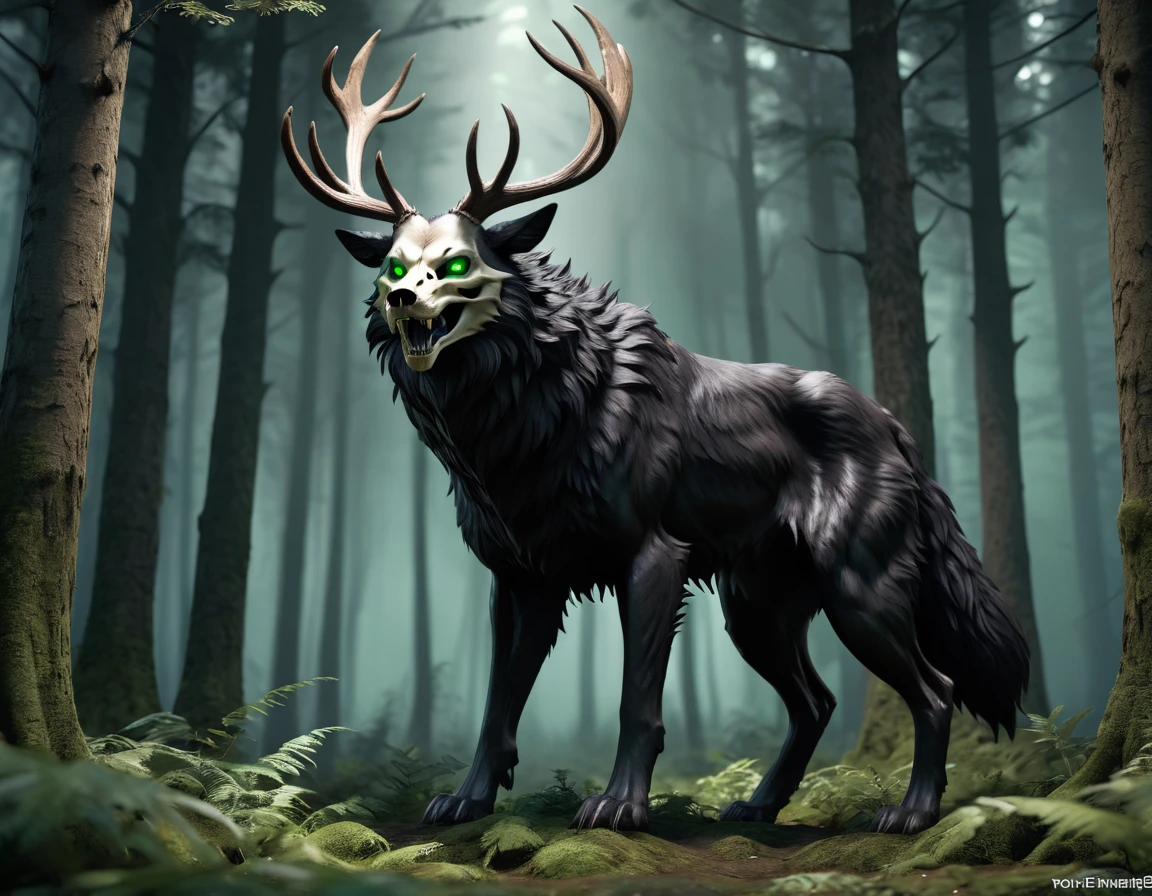 full body portrait of scary big black beast, feral, long legs, four legged, wolf skull face, horns, antlers, deer, tiger, wolf, wendigo, bear, hybrid with beryl green eyes dark mysterious forest scenery, fantasy, dark fantasy, full body, cinematic, render, 8k, unreal engine, realistic, masterpiece, high detail, full body, low life, volumetric lighting