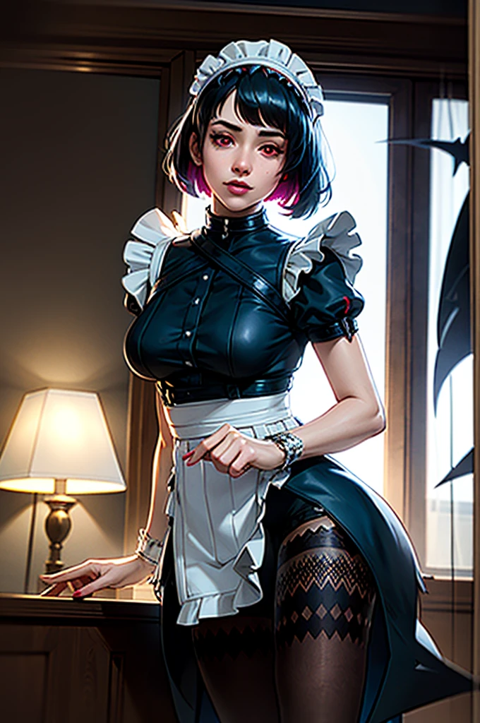 A young girl in realistic photo of high quality and detail, movie style, Ellen Joe (Zenless Zone Zero), a young girl with short black hair with red tips at the ends. She also has red eyes and makeup. She is wearing a maid costume, nylon tights and high-heeled shoes. She also has a shark's tail on her back, light and peaceful atmosphere, glow, eye shadow, 1girl, Depth & Perspective, smiling on her face, fine face, She stands in the middle of the maid cafe, indoors, sunlight from stained windows, looking at viewer, (ultra-high detail:1.2), Masterpiece, Best Quality, Ultra-detailed, Cinematic lighting, 8K, delicate features, cinematic, 35 mm lens, f/1.9, highlight lighting, global lighting –uplight –v 4, cinematic, Cinematic lighting, 8K, high quality, Highest Quality, (Solo Focus), (extremly intricate:1.3), (Realistic), masterful, Analog style, (Film grain:1.5), (warm hue, cold tone),